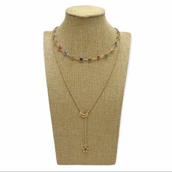 BP. Layered Glass Bead Evil Eye And Moon Star Pull Necklace - Picture 2 of 7